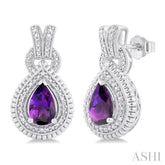 8X5 MM Pear Cut Amethyst and 1/20 Ctw Round Cut Diamond Semi-Precious Earring in Sterling Silver
