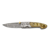 Luxury Giftware Damascus Steel 256 Layer Ram Horn Handle Folding Blade Knife with Leather Sheath and Wooden Gift Box