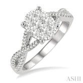 5/8 Ctw Oval Shape Center Split Criss-Cross Shank Lovebright Round Cut Diamond Engagement Ring in 14K White Gold