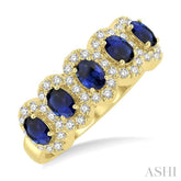4x3 MM Oval Cut Sapphire and 1/3 Ctw Round Cut Diamond Precious Wedding Band in 14K Yellow Gold
