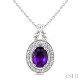 9X7 MM Oval Shape Amethyst and 1/20 Ctw Single Cut Diamond Semi-precious Pendant With Chain in Sterling Silver