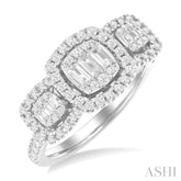 3/4 Ctw Cushion Shape Past, Present & Future Fusion Baguette and Round Cut Diamond Engagement Ring in 14K White Gold