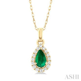 5x3 MM Pear Shape Emerald and 1/20 Ctw Single Cut Diamond Halo Precious Pendant with Chain in 10K Yellow Gold