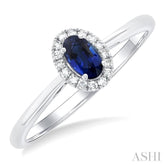 5x3 MM Oval Shape Sapphire and 1/20 Ctw Single Cut Diamond Halo Precious Ring in 14K White Gold