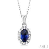 5x3 MM Oval Shape Sapphire and 1/20 Ctw Single Cut Diamond Halo Precious Pendant with Chain in 10K White Gold