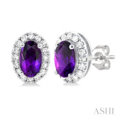 5x3 MM Oval Shape Amethyst and 1/8 Ctw Single Cut Diamond Halo Semi-Precious Stud Earrings in 10K White Gold