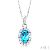 5x3 MM Oval Shape Blue Topaz and 1/20 Ctw Single Cut Diamond Halo Semi-Precious Pendant with Chain in 14K White Gold