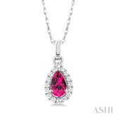5x3 MM Pear Shape Pink Tourmaline and 1/20 Ctw Single Cut Diamond Halo Semi-Precious Pendant with Chain in 10K White Gold