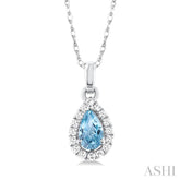 5x3 MM Pear Shape Aquamarine and 1/20 Ctw Single Cut Diamond Halo Semi-Precious Pendant with Chain in 10K White Gold