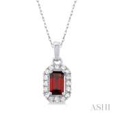 5x3 MM Octagonal Shape Garnet and 1/20 Ctw Single Cut Diamond Halo Semi-Precious Pendant with Chain in 14K White Gold