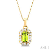 5x3 MM Octagonal Shape Peridot and 1/20 Ctw Single Cut Diamond Halo Semi-Precious Pendant with Chain in 14K Yellow Gold