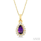 5x3 MM Pear Shape Amethyst and 1/20 Ctw Single Cut Diamond Halo Semi-Precious Pendant with Chain in 14K Yellow Gold
