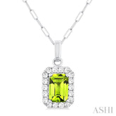 6x4 MM Octagonal Shape Peridot and 1/6 Ctw Round Cut Diamond Halo Semi-Precious Pendant with Chain in 10K White Gold