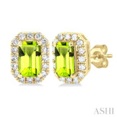 5x3 MM Octagonal Shape Peridot and 1/8 Ctw Single Cut Diamond Halo Semi-Precious Stud Earrings in 14K Yellow Gold