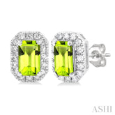 5x3 MM Octagonal Shape Peridot and 1/8 Ctw Single Cut Diamond Halo Semi-Precious Stud Earrings in 10K White Gold