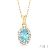 5x3 MM Oval Shape Aquamarine and 1/20 Ctw Single Cut Diamond Halo Semi-Precious Pendant with Chain in 14K Yellow Gold