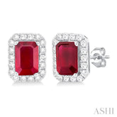 6x4 MM Octagonal Shape Ruby and 1/4 Ctw Round Cut Diamond Halo Precious Stud Earrings in 14K White Gold