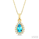 5x3 MM Pear Shape Blue Topaz and 1/20 Ctw Single Cut Diamond Halo Semi-Precious Pendant with Chain in 14K Yellow Gold
