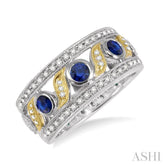 3 MM Diamond cut Round Sapphire and 1/6 Ctw Round Cut Diamond Precious Fashion Band in 14K White and Yellow Gold