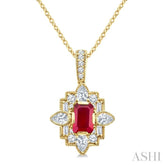 5/8 Ctw Art Deco 6X4MM Octagon Shape Ruby and Mixed Cut Diamond Precious Pendant With Chain in 14K Yellow Gold