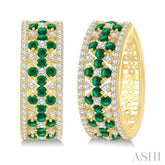 3/4 Ctw Floral Panel 1.80MM Round Cut Emerald and Round Cut Diamond Precious Hoop Earring in 14K Yellow Gold