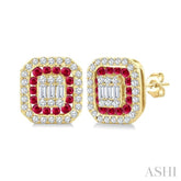1/3 Ctw Octagonal Shape 1.25MM Round Cut Ruby, Baguette and Round Cut Diamond Fusion Precious Stud Earring in 14K Yellow Gold
