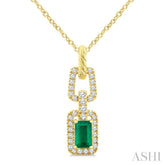 1/6 Ctw 5X3MM Octagon Shape Emerald and Round Cut Diamond Halo Precious Link Pendant With Chain in 14K Yellow Gold