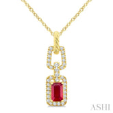 1/6 Ctw 5X3MM Octagon Shape Ruby and Round Cut Diamond Halo Precious Link Pendant With Chain in 14K Yellow Gold