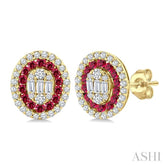 1/3 Ctw Oval Shape 1.35MM Ruby, Baguette and Round Cut Diamond Fusion Precious Fashion Stud Earring in 14K Yellow Gold