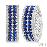 3/4 Ctw 2.00MM Round Cut Sapphire and Round Cut Diamond Precious Hoop Earring in 14K White Gold