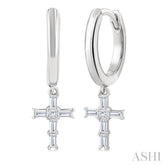 1/5 Ctw Princess and Baguette Cut Diamond Cross Petite Fashion Hoop Earrings in 10K White Gold