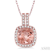 7x7 MM Cushion Shape Morganite and 1/5 Ctw Round Cut Diamond Pendant in 14K Rose Gold with Chain