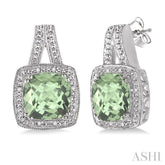 8x8 MM Cushion Shape Green Amethyst and 1/20 Ctw Single Cut Diamond Earrings in Sterling Silver