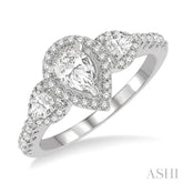 1 Ctw Past Present and Future Round Cut Diamond Engagement Ring With 3/8 Ct Pear Cut Center Stone in 14K White Gold