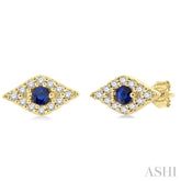2.0 MM Round Cut Sapphire and 1/10 Ctw Evil Eye Round Cut Diamond Precious Petite Fashion Earrings in 10K Yellow Gold