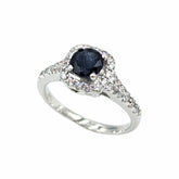 APPRAISED $4860- 14Kt White Gold Round Sapphire with Square Diamond Halo and Two Rows of Diamonds Down the Shank