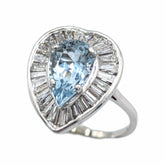 APPRAISED $4000- 14Kt. White Gold One Pear Shaped Aquamarine Surrounded by Twenty-Nine Baguette Diamonds in a Heart Halo