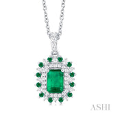 6X4 MM Emerald Cut & 1.55 MM Round Cut Emerald and 1/5 Ctw Round Cut Diamond Floral Precious Pendant With Chain in 14K White Gold