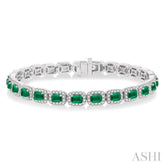 4X3 MM Emerald Cut Emerald and 2 1/5 Ctw Round Cut Diamond Halo Precious Bracelet in 14K White Gold