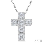 1/2 Ctw Fusion Baguette and Round Cut Diamond Cross Fashion Pendant With Chain in 14K White Gold