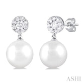 7 MM Cultured White Pearl and 1/4 Ctw Disc Top Lovebright Round Cut Diamond Fashion Earrings in 14K White Gold