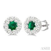 3.3 MM Emerald and 1/2 Ctw Round Cut Diamond Lovebright Precious Stud Earrings in 14K White Gold