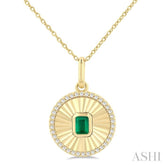 4X3 MM Octagon Shape Emerald and 1/8 Ctw Single Cut Diamond Precious Fluted Medallion Pendant in 10K Yellow Gold with Chain