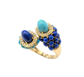APPRAISED $2200- 14KT Yellow Gold Bypass Ring with Round & Oval Turquoise and Lapis surrounded by Round Brilliant Diamonds