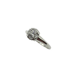 APPRAISED $1500 - 14kt White Gold Band with 1 Round Brilliant Diamond Center - EST. - .20ct Surrounded by 4 Round Brilliant Diamonds - T. - .20ct in a Halo Head 
