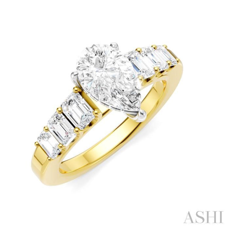 1 Ctw Pear Shape Emerald and Round Cut Diamond Semi-Mount Engagement Ring in 14K Yellow and White Gold