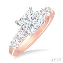 1 Ctw Princess Shape Oval and Round Cut Diamond Semi Mount Engagement Ring in 14K Rose and White Gold
