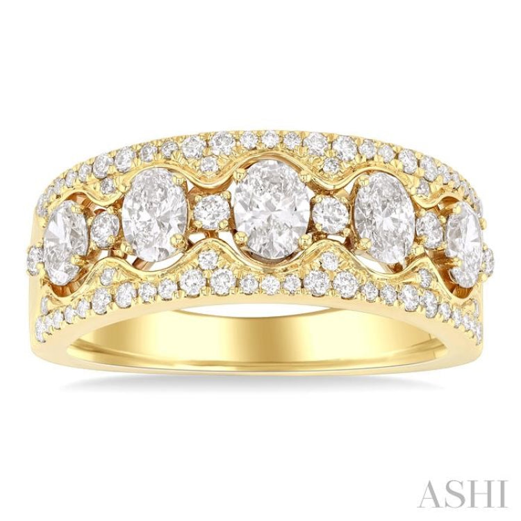 1 1/5 Ctw 5-Stone Oval and Round Cut Diamond Wide Fashion Band in 14K Yellow Gold