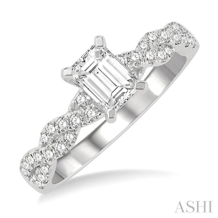 7/8 Ctw Twisted Shank Round Cut Diamond Engagement Ring With 1/2 Ct Emerald Cut Center Stone in 14K White Gold