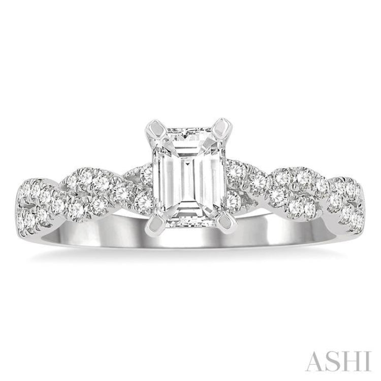 7/8 Ctw Twisted Shank Round Cut Diamond Engagement Ring With 1/2 Ct Emerald Cut Center Stone in 14K White Gold